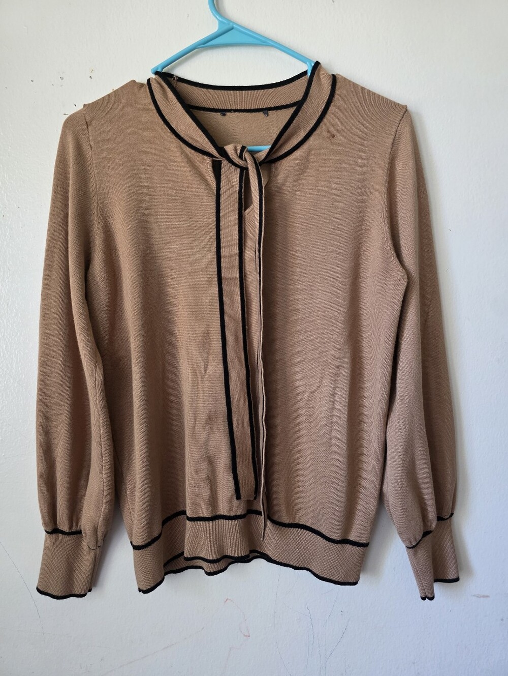 Women's Tan Knit Bow-Tie Sweater with Black Trim